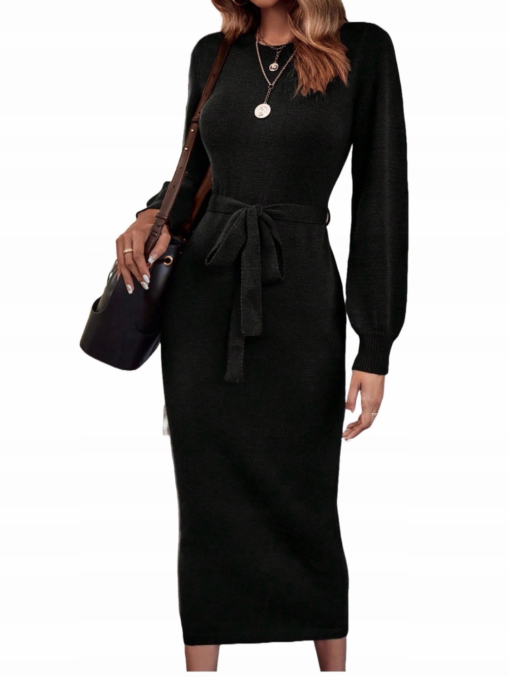 Women's Black Knit Belted Midi Dress